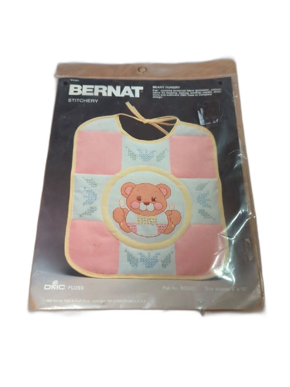 Bernat Stitchery Beary Hungry Baby Bib Screened Crosstitch Kit S03001 DMC Floss